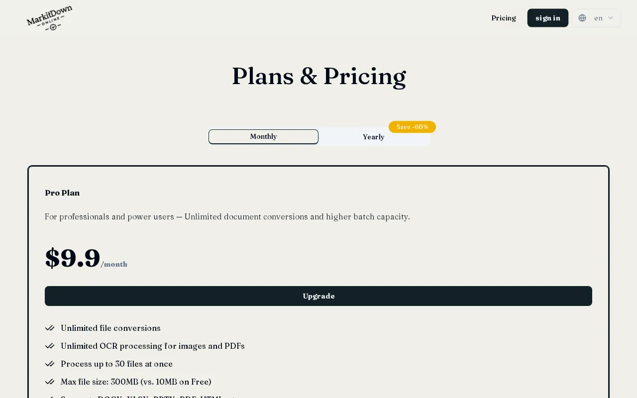 Markitdown Online — pricing page
