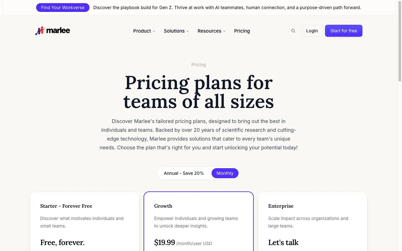 Marlee — pricing page