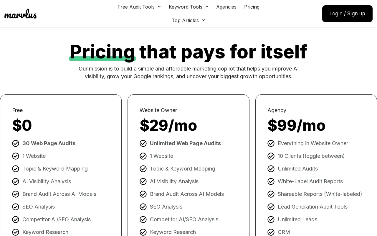 Marvlus — pricing page