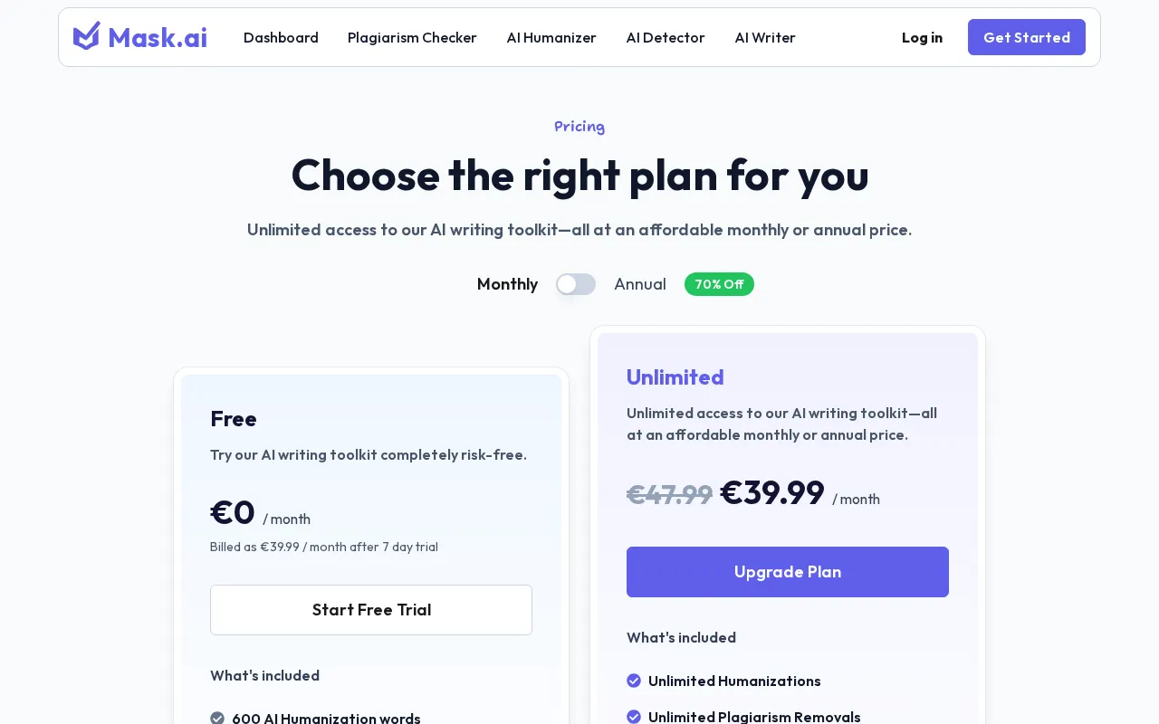 Mask — pricing page