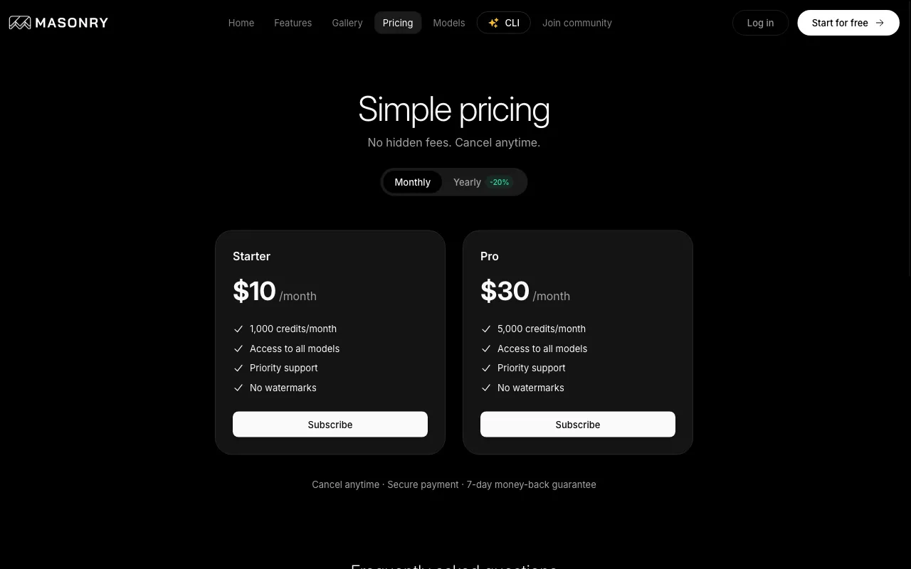 Masonry AI — pricing page