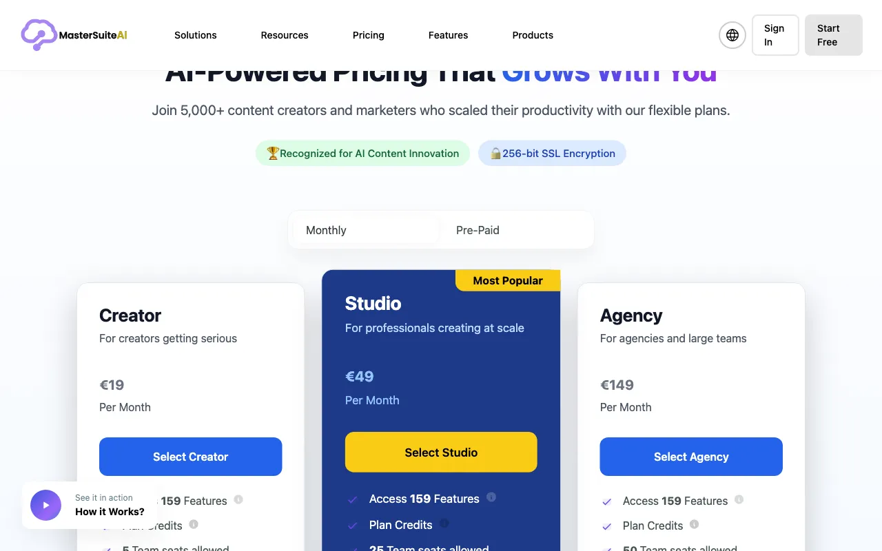 MasterSuiteAI — pricing page