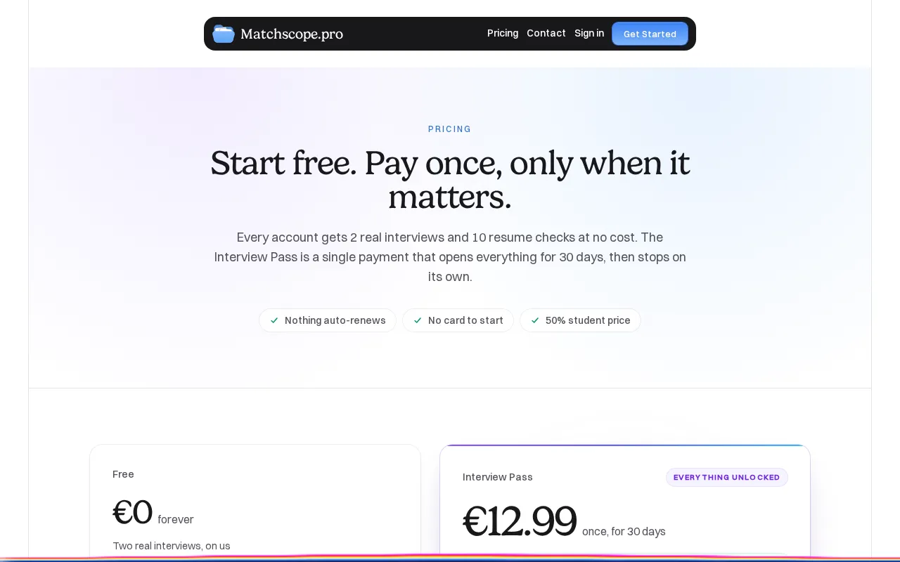 Matchscope — pricing page