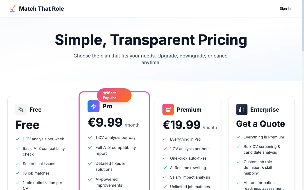 Match That Role — pricing page