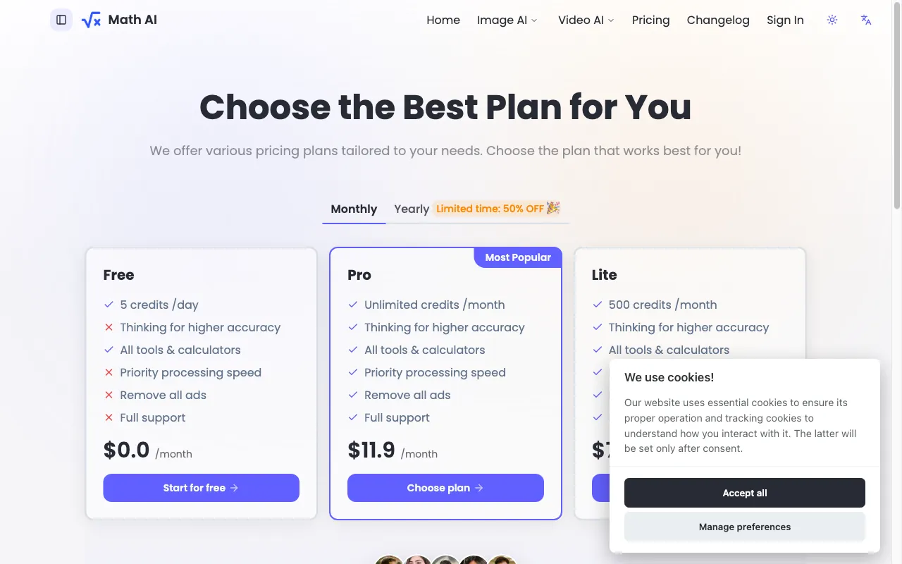 Math AI Solver Free Online — pricing page