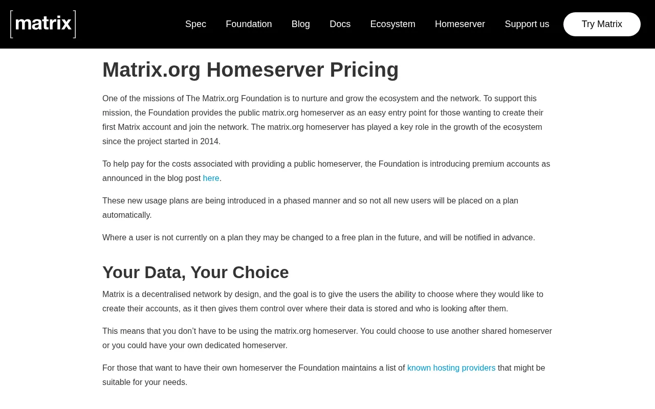 Matrix — pricing page