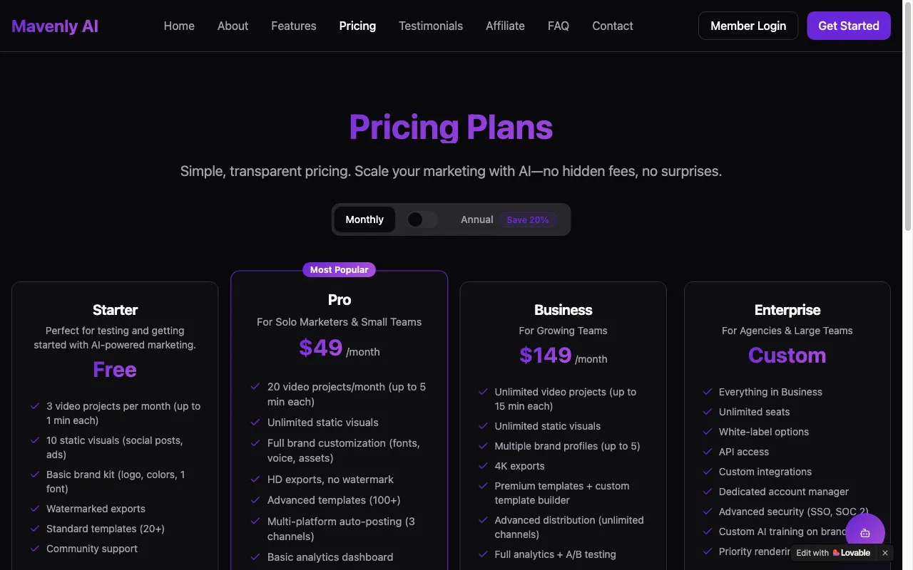 Mavenly — pricing page