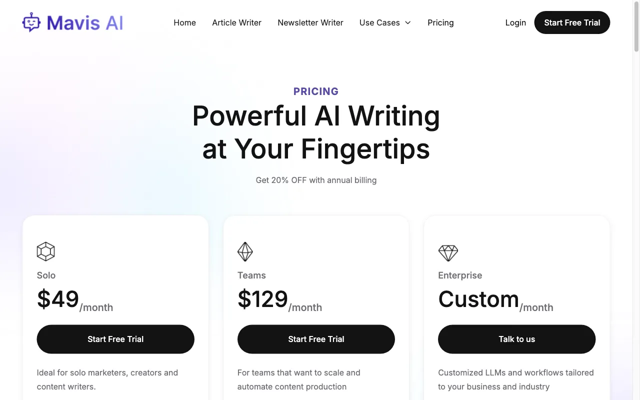 Mavis AI — pricing page