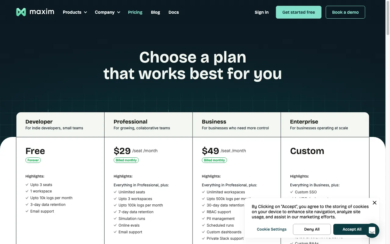 Maxim AI — pricing page