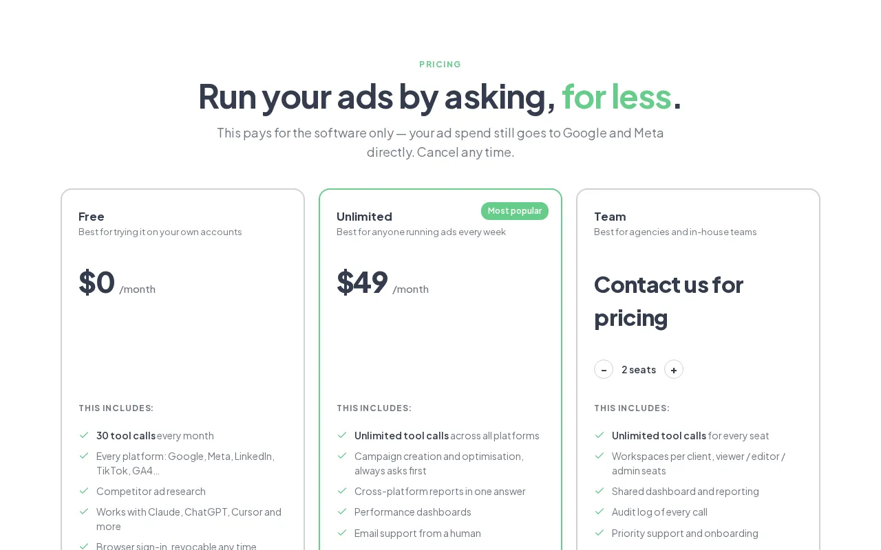 MCP Ads — pricing page