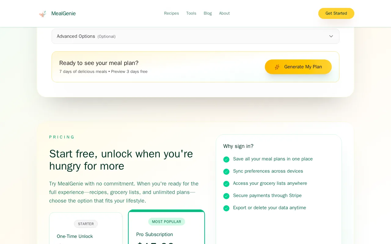MealGenie — pricing page