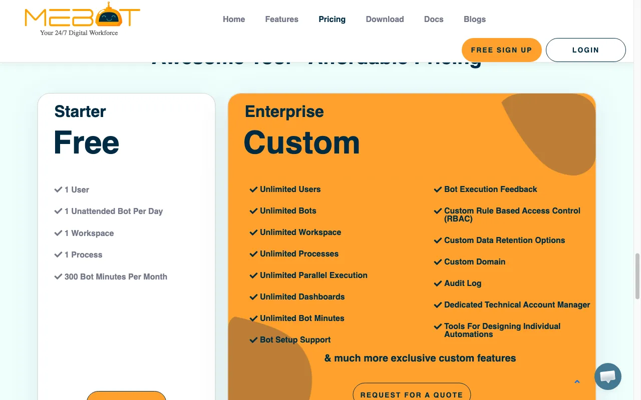 Mebot — pricing page