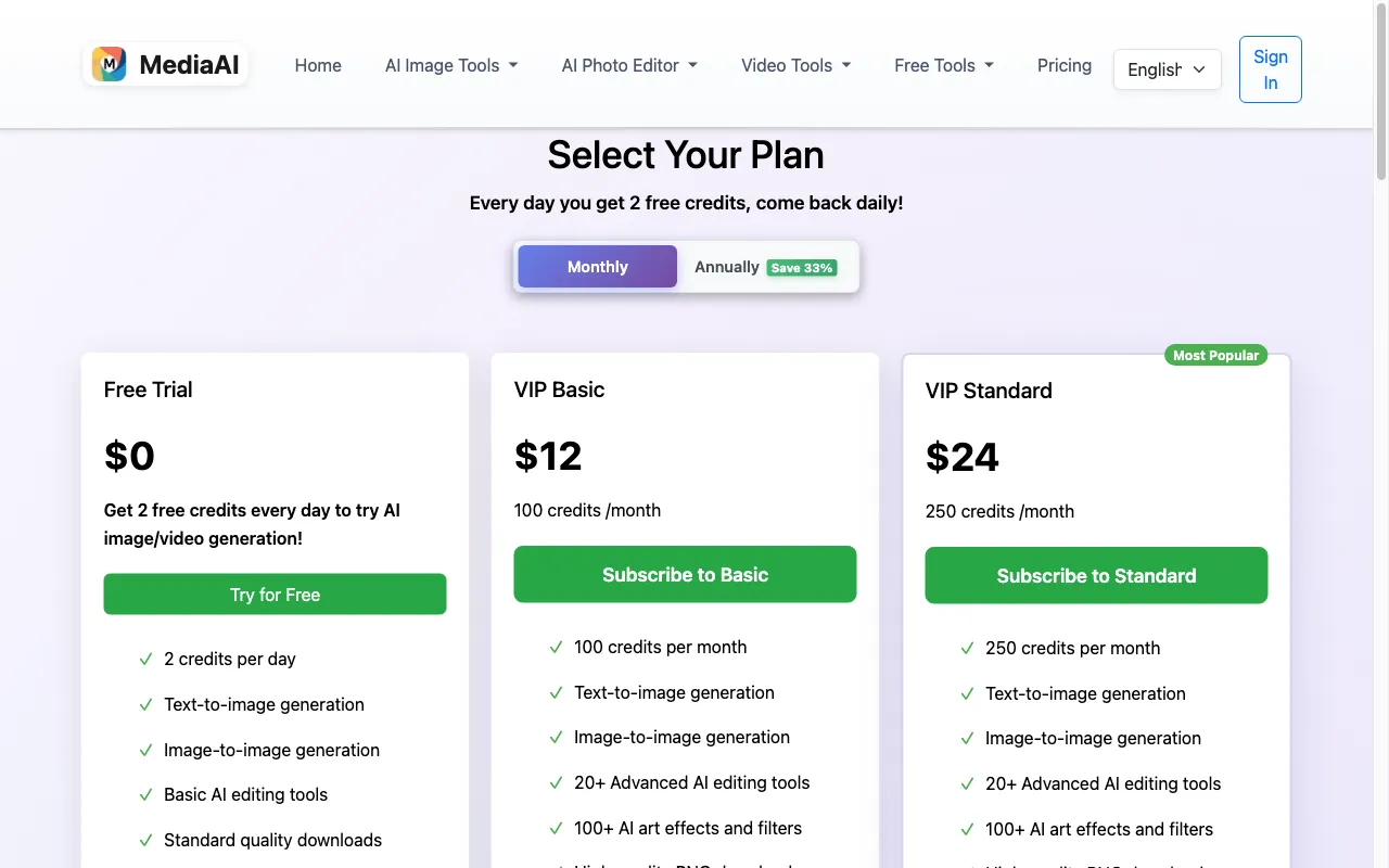 mediaai — pricing page