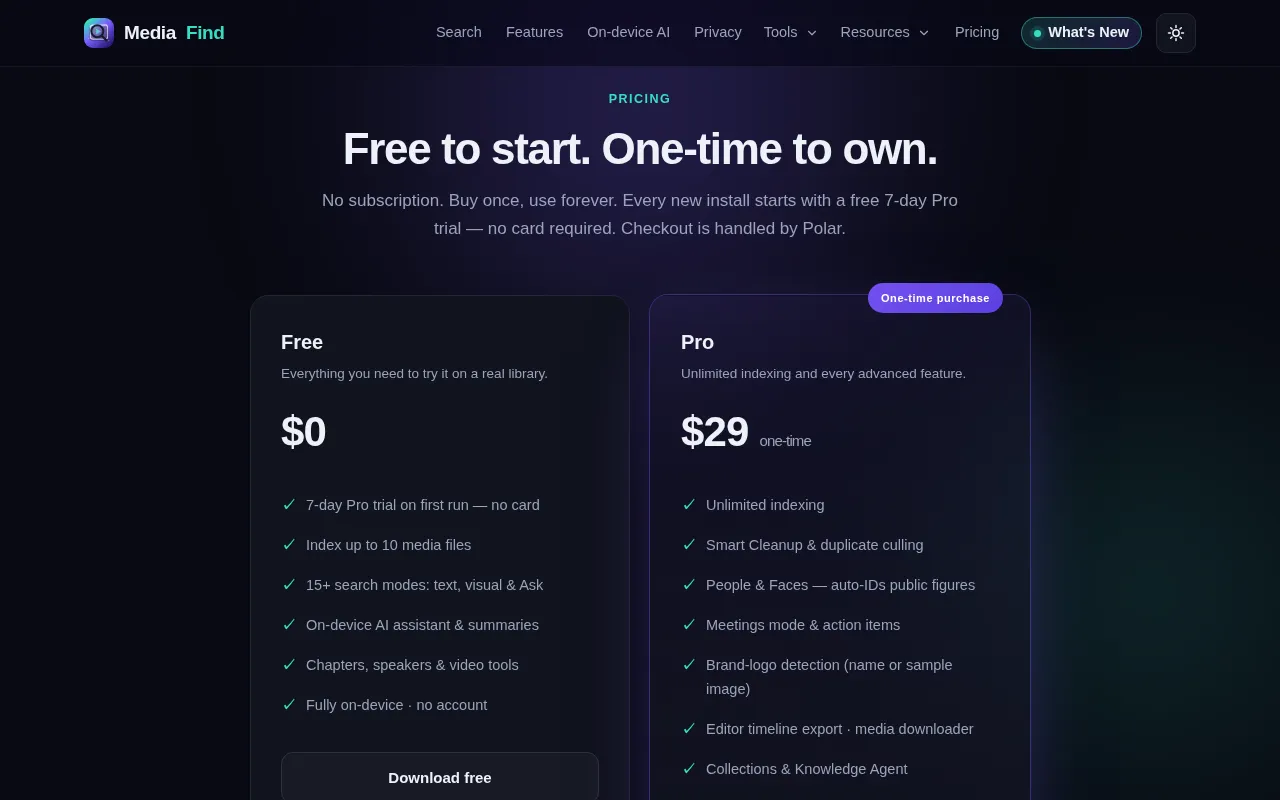 MediaFind — pricing page
