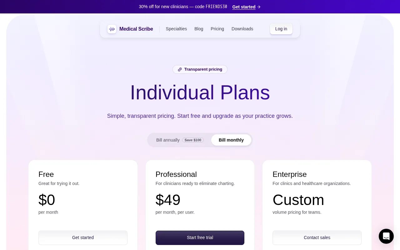 Medical Scribe — pricing page