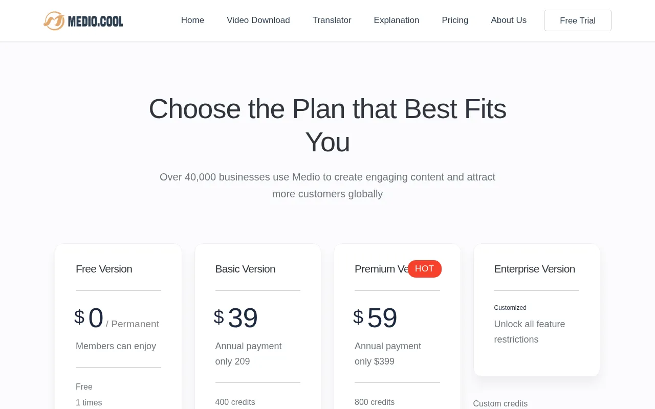 Medio AI — pricing page