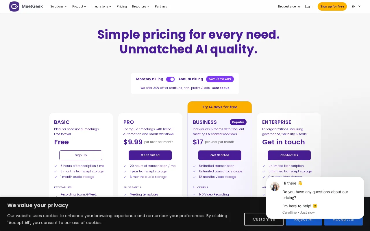 MeetGeek — pricing page