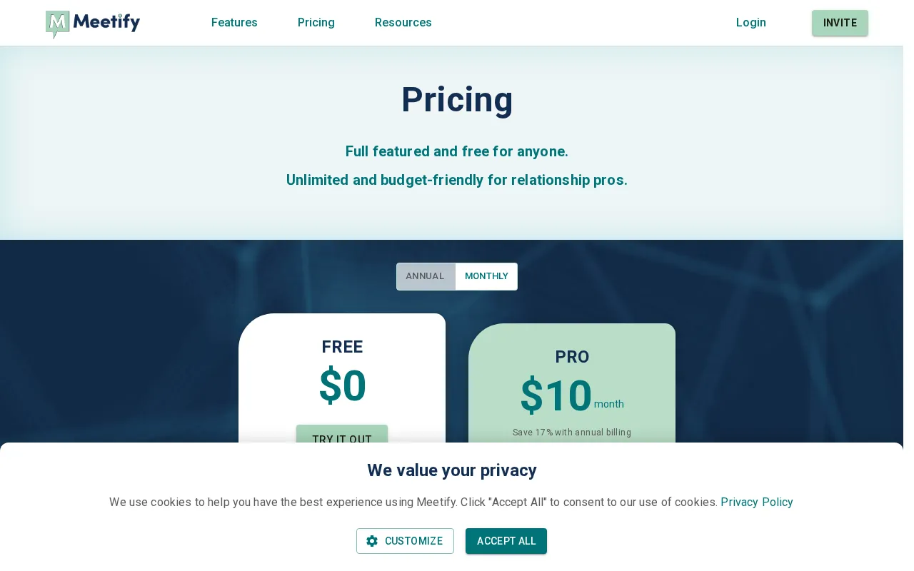 Meetify — pricing page