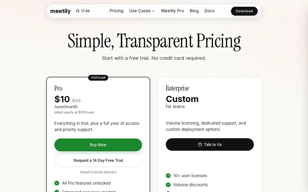 Meetily AI — pricing page