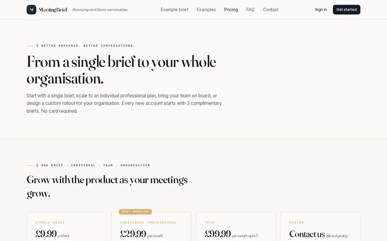 MeetingBrief — pricing page