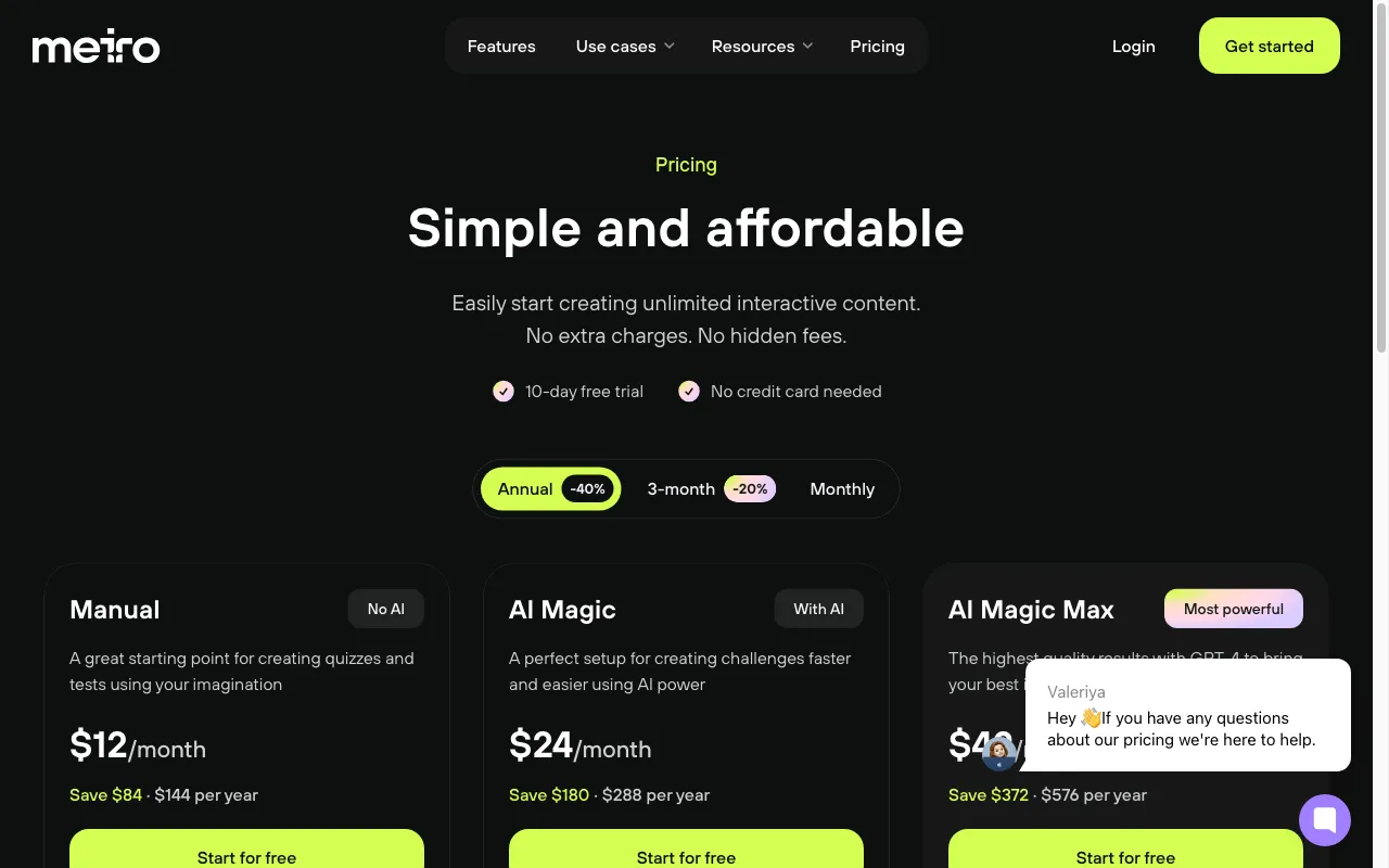 Meiro — pricing page