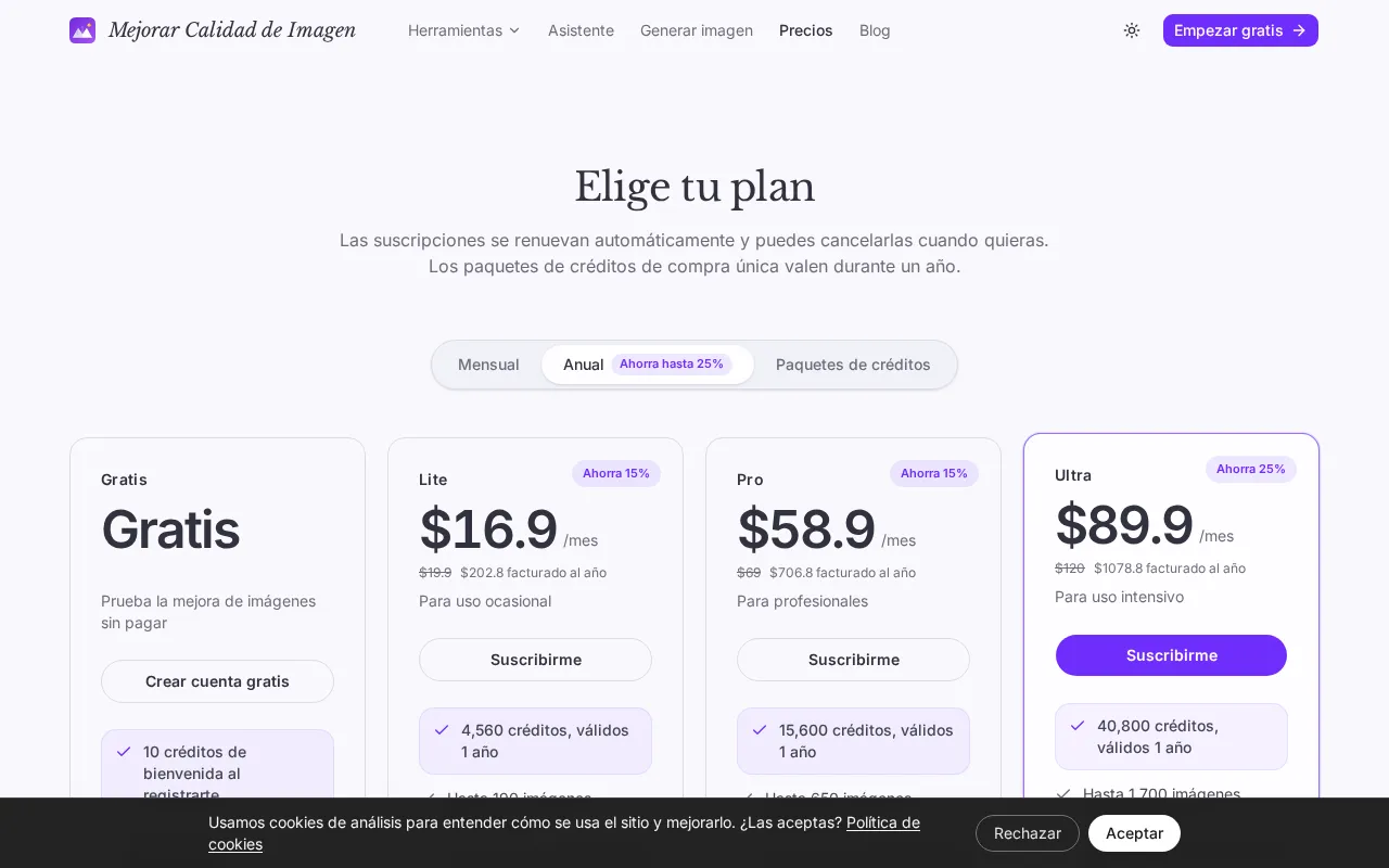 Mejorar Calidad de Imagen — pricing page