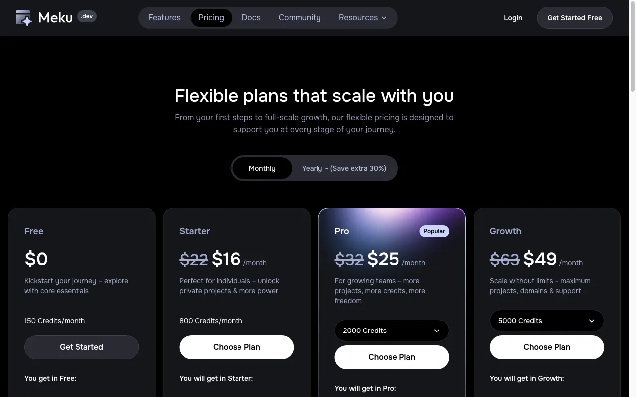 Meku — pricing page