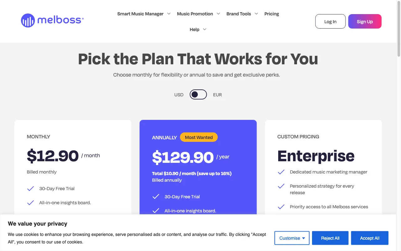 Melboss Smart Music Manager — pricing page
