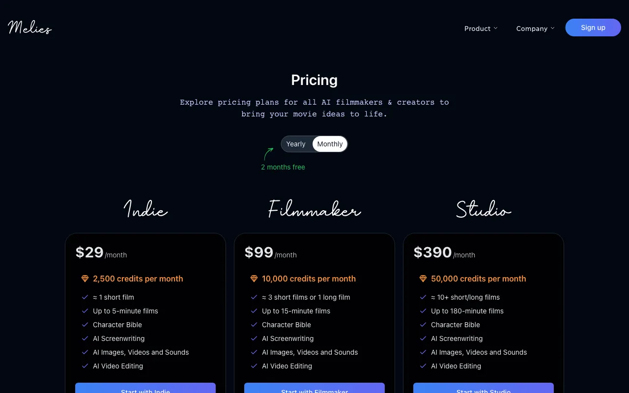 Melies — pricing page