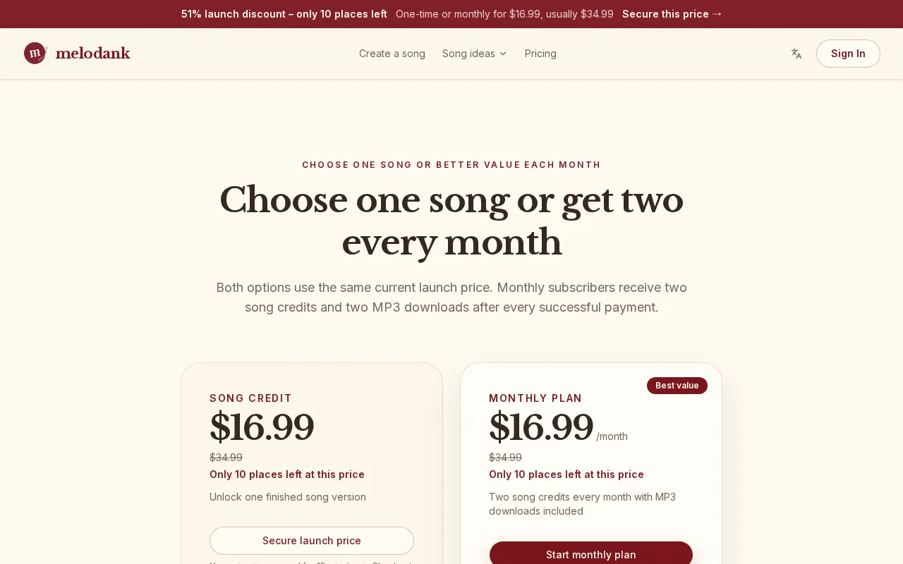 Melodank — pricing page