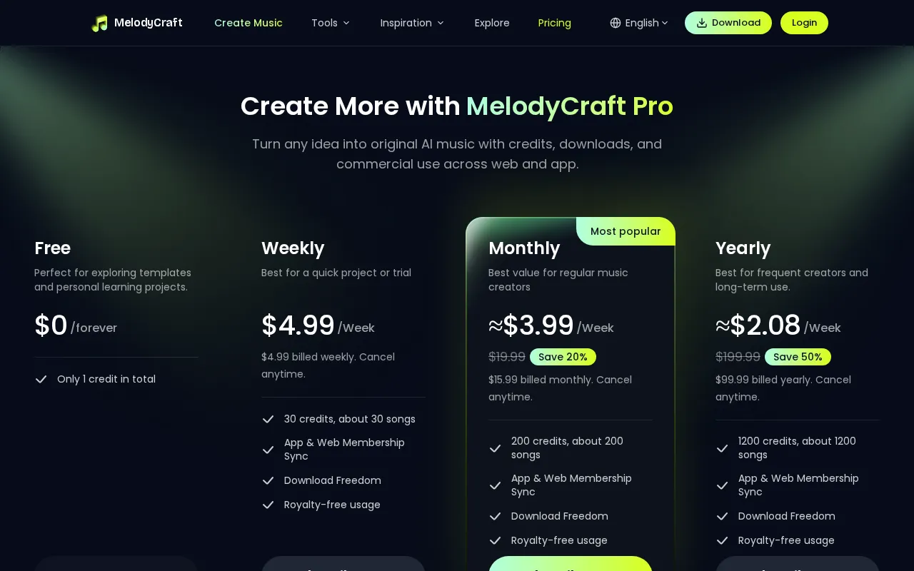 Melodycraft.app — pricing page