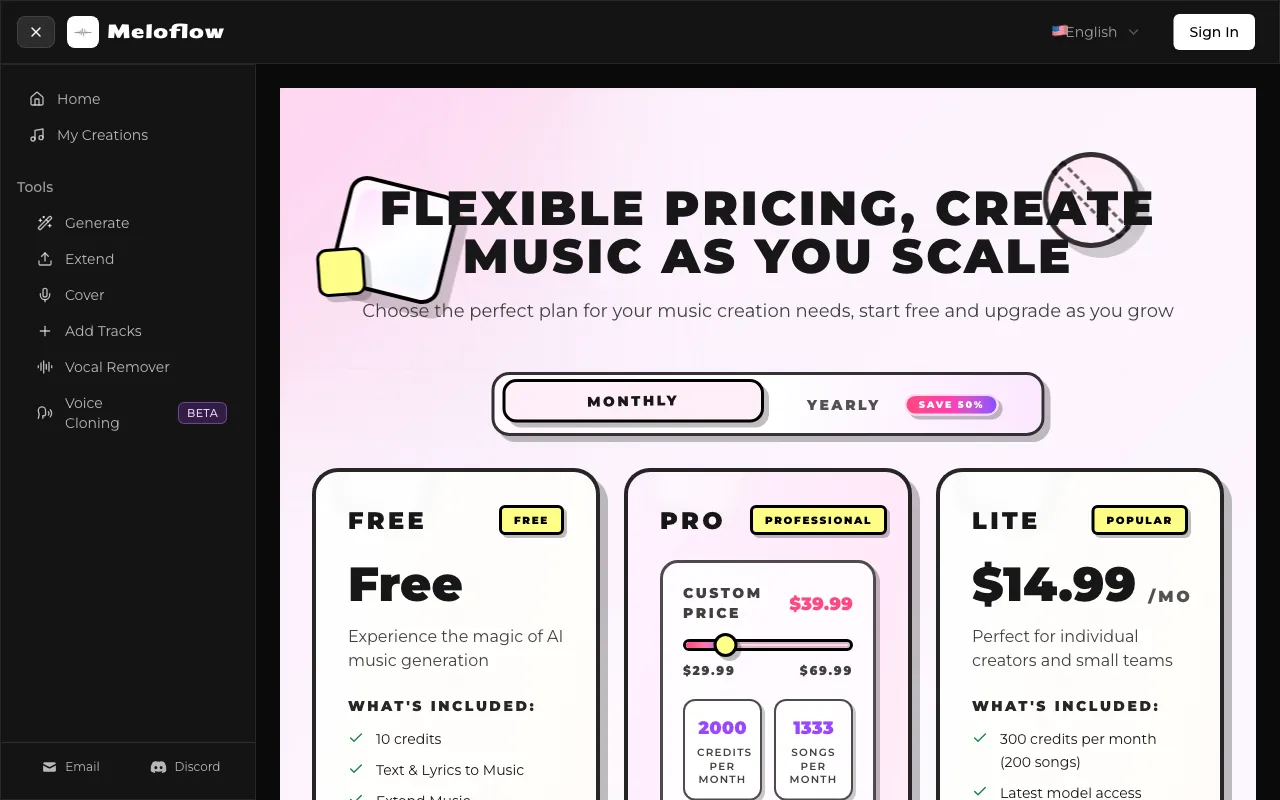 Meloflow AI — pricing page