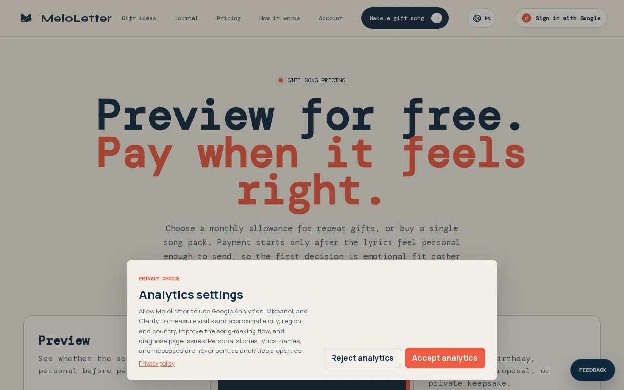 MeloLetter — pricing page