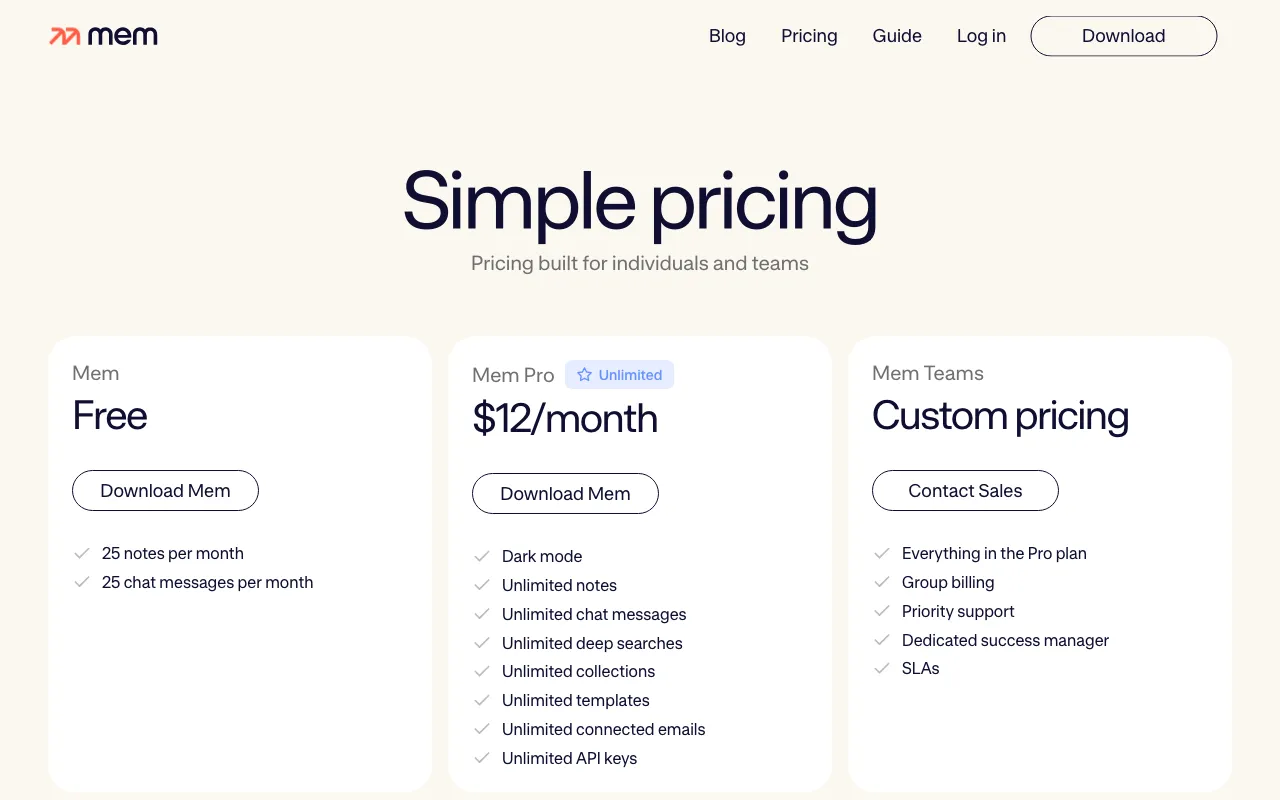 Mem.ai — pricing page