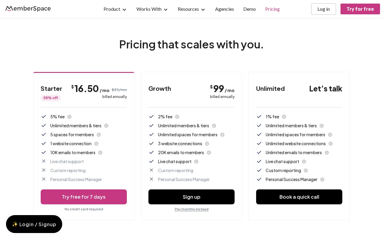 Memberspace — pricing page