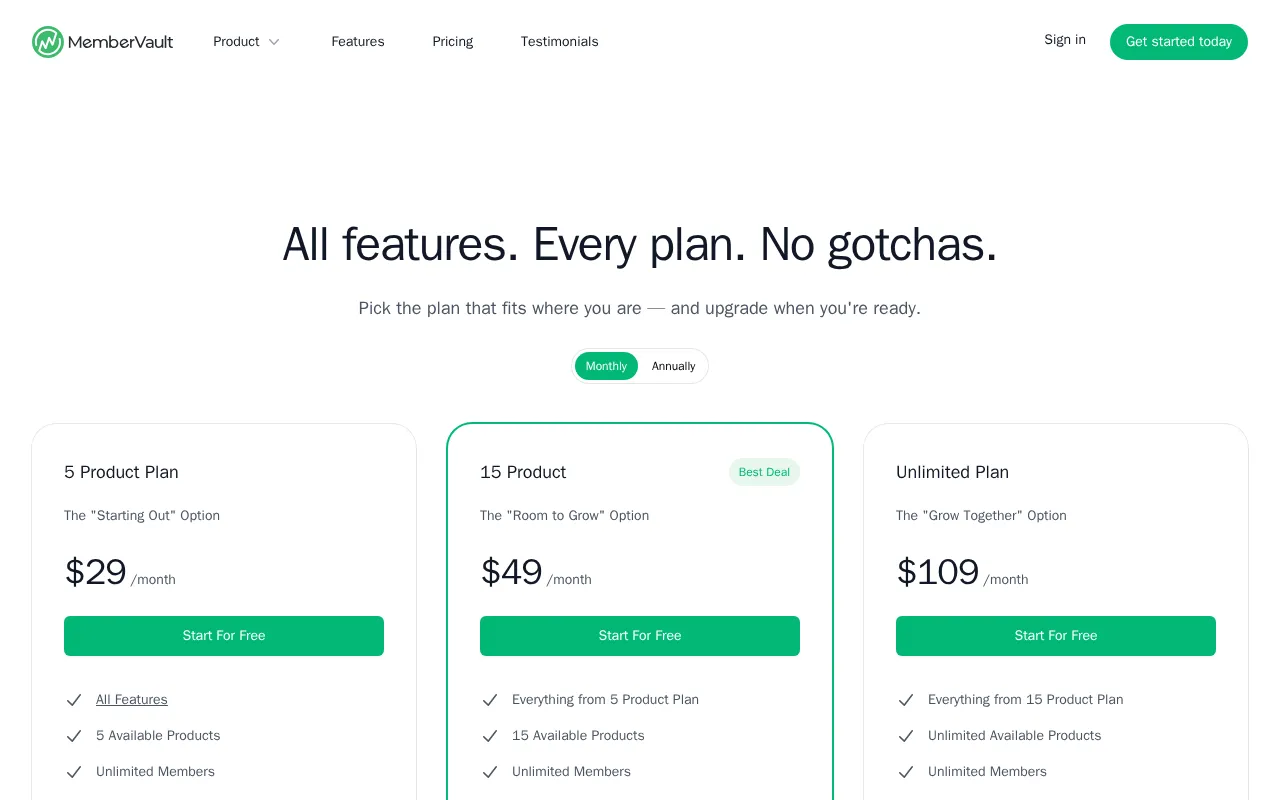 Membervault — pricing page