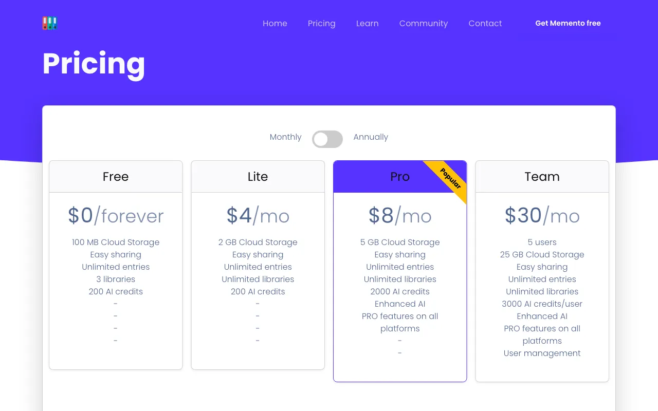 Memento Database — pricing page