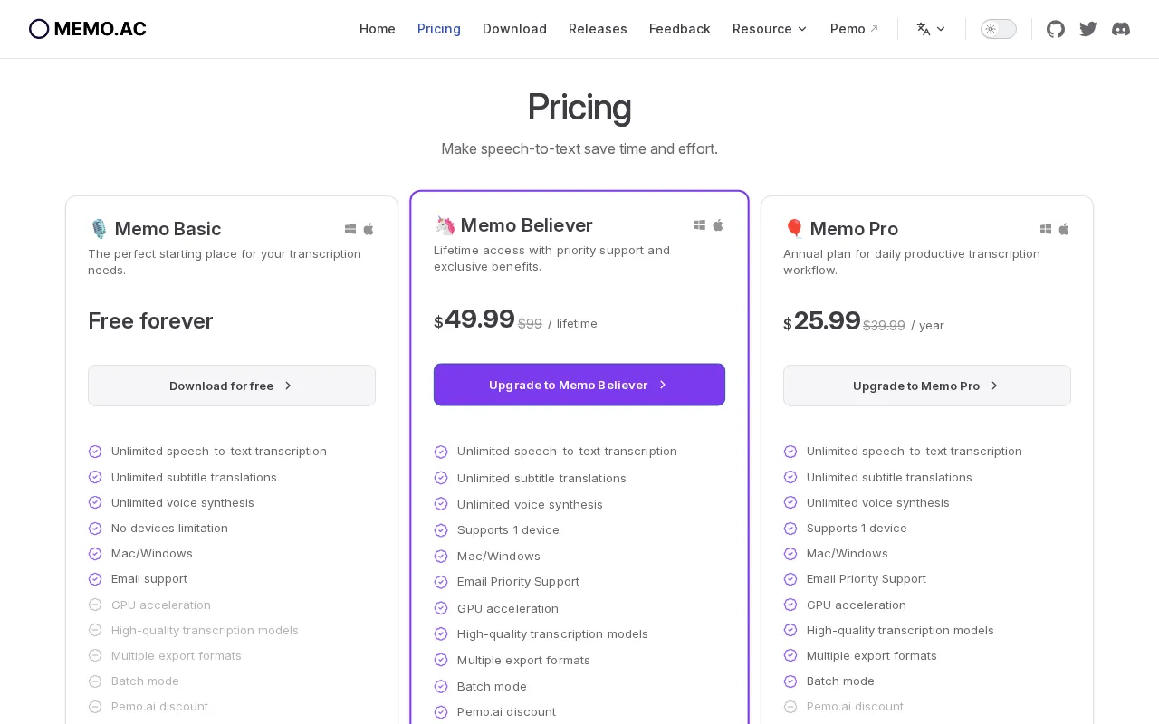 Memo.ac — pricing page