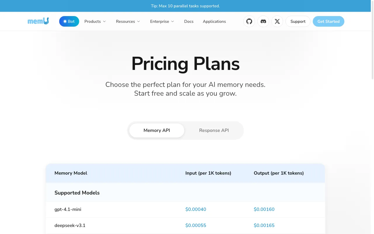memU — pricing page