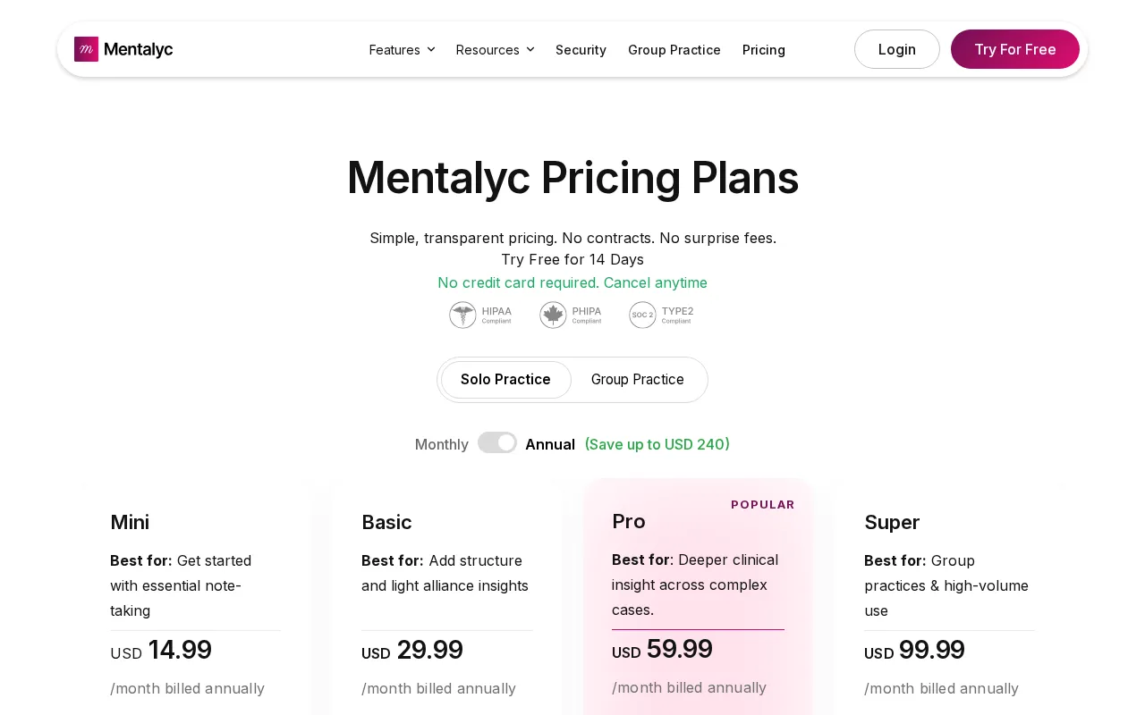 Mentalyc — pricing page