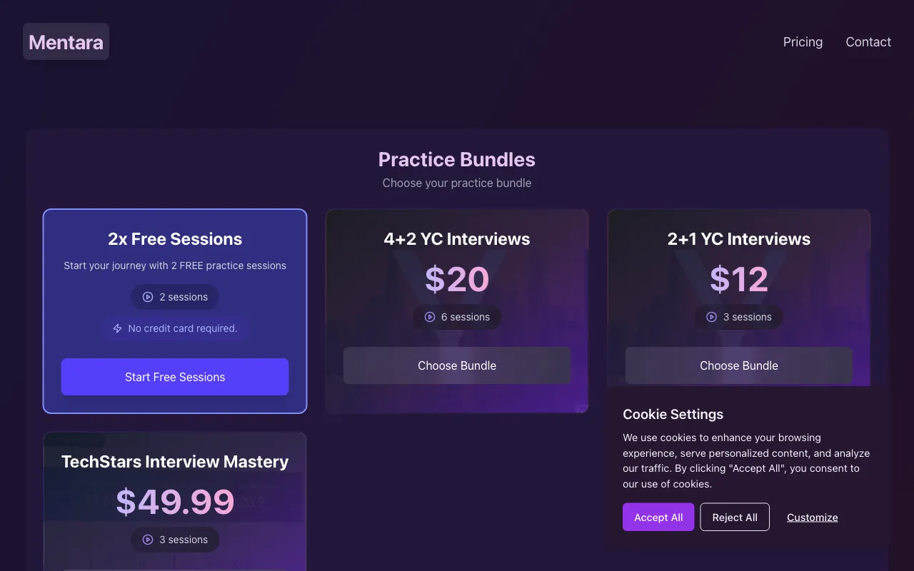 Mentara — pricing page