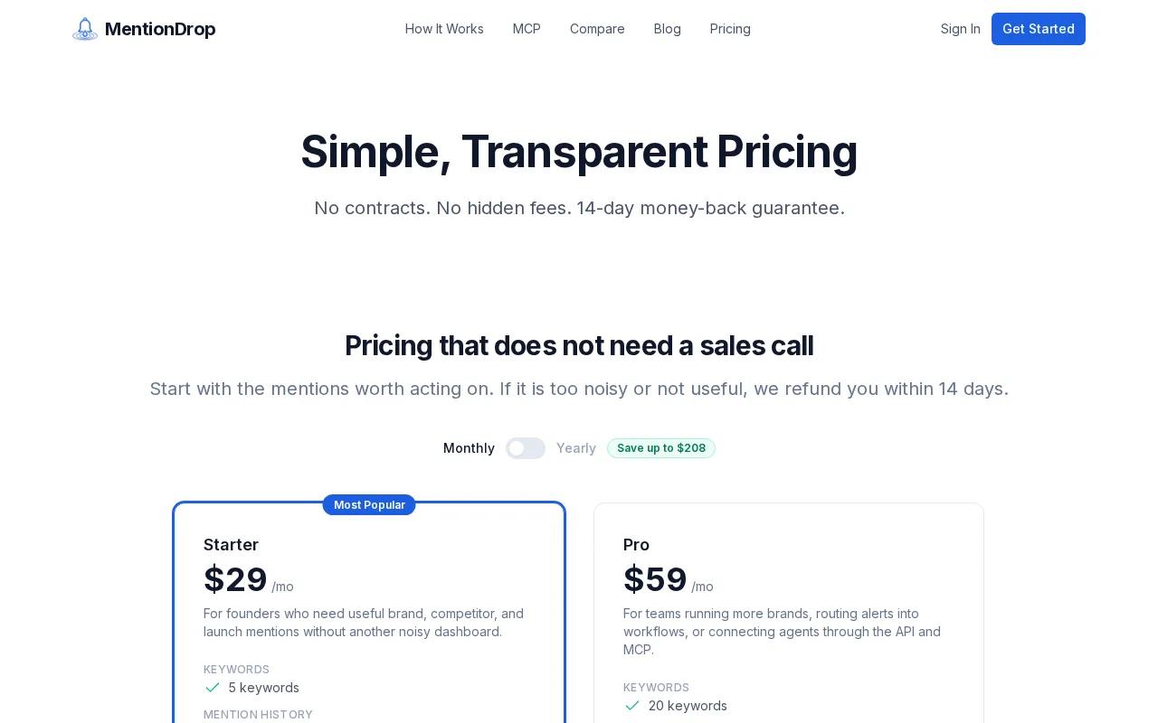 MentionDrop — pricing page