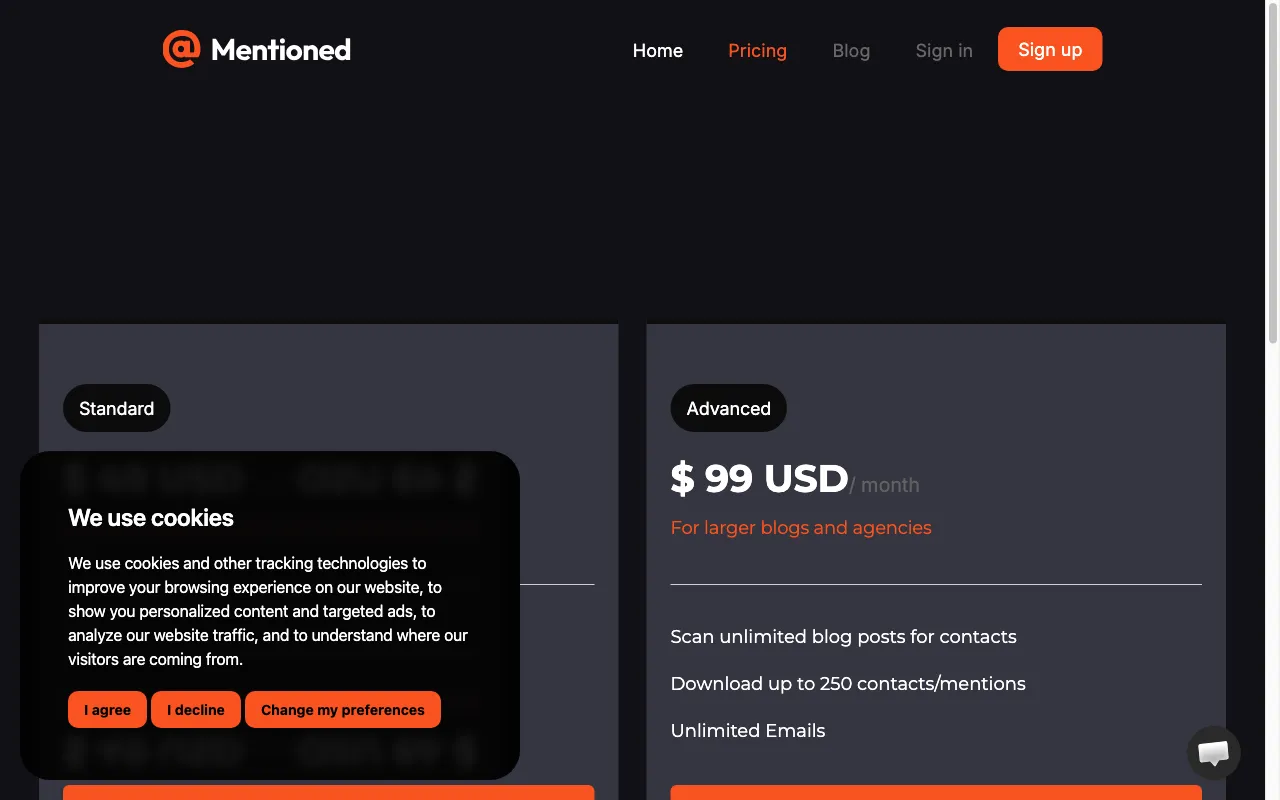 Mentioned — pricing page