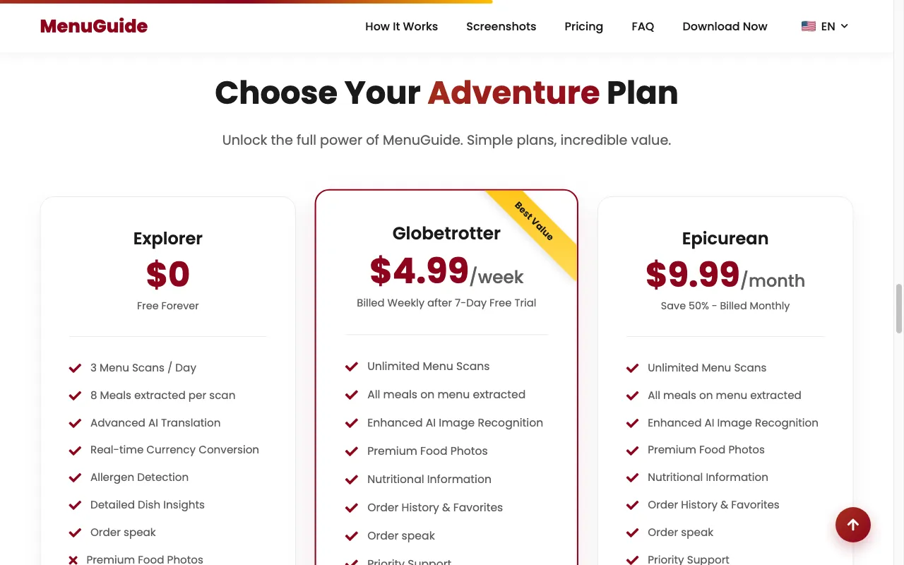 MenuGuide — pricing page