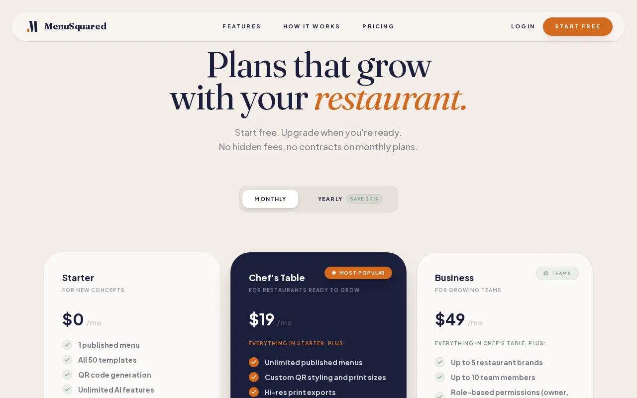 MenuSquared — pricing page