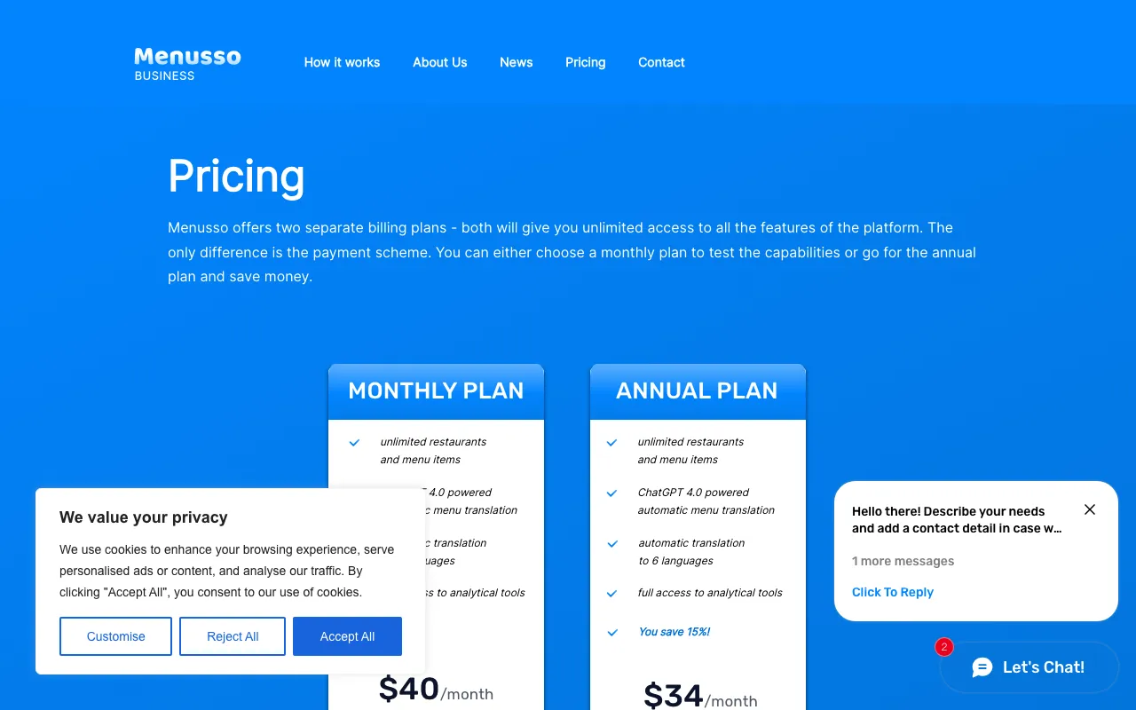 Menusso — pricing page