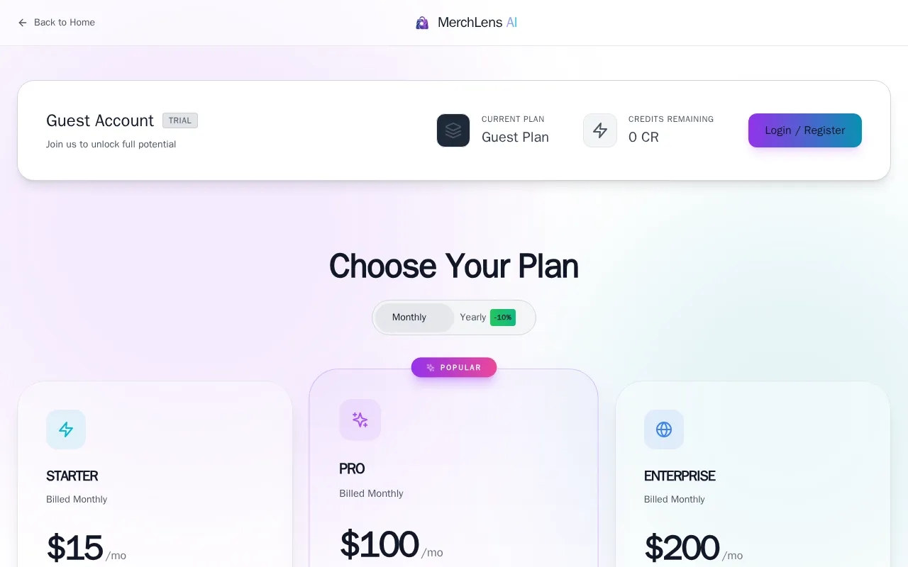 MerchLens AI — pricing page