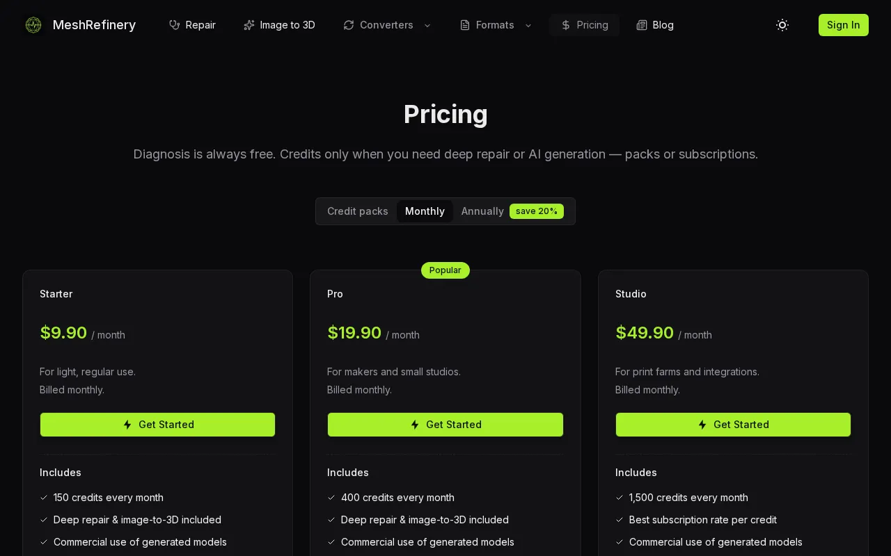 Meshrefinery — pricing page