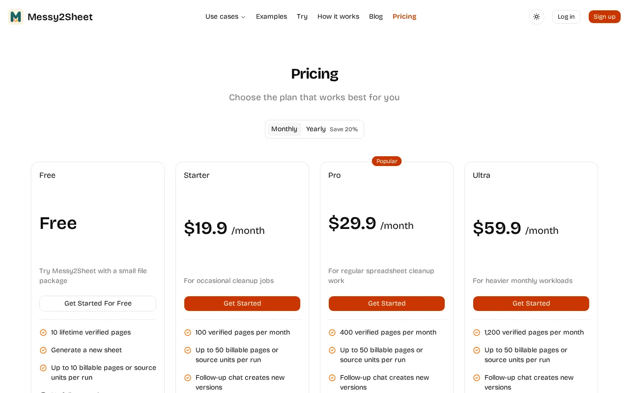 Messy2Sheet — pricing page