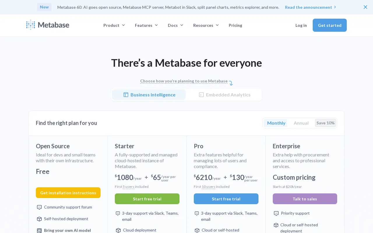 Metabase — pricing page